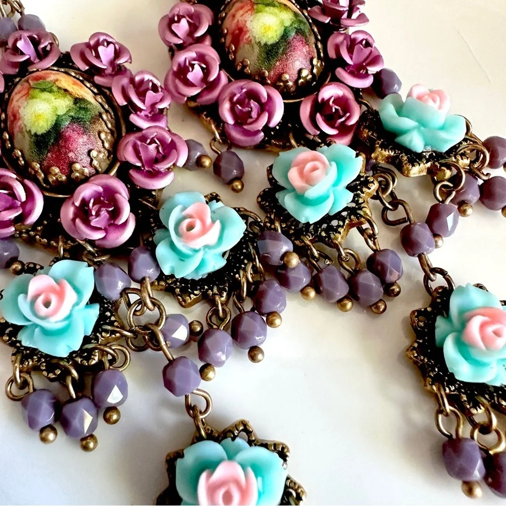 Vintage Style Floral Baroque Earrings Micro Mosaic Style Flower Painting NEW